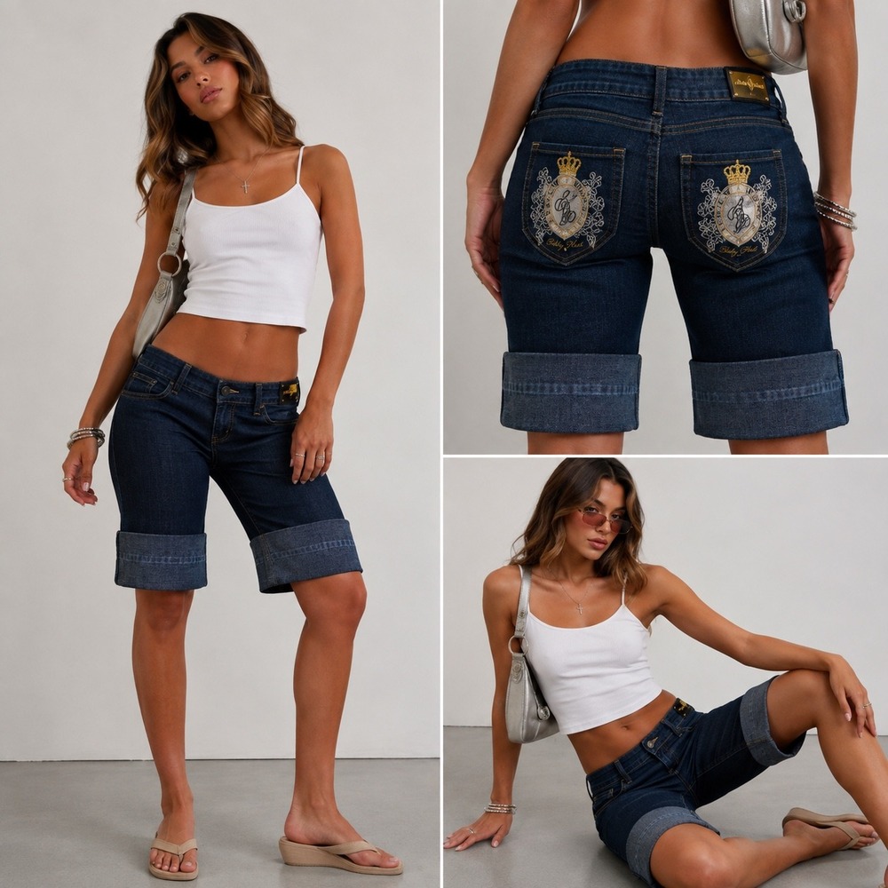 Y2K Baby Phat Bermuda Jean Shorts Size 14 Dark Wash Embroidered Cuffed McBling
